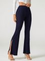 Cacao Bloom Solid Slit Hem Flare Leg Pants