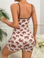 Cartoon Print Contrast Binding Cami Romper