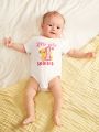 SHEIN Newborn Baby Girls' Short Sleeve Cartoon Print Romper With Mesh Tutu Skirt Set