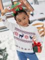 SHEIN Young Girl Christmas Elk & Geo Pattern Drop Shoulder Sweater