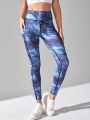 Allover Print Wideband Waist Top-stitching Wideband Waist Sports Leggings With Phone Pocket