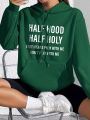 Slogan Graphic Kangaroo Pocket Drop Shoulder Drawstring Hoodie