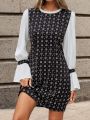 SHEIN Clasi Contrast Color Flared Sleeve Geometric Pattern Dress