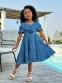 SHEIN Kids Cooltwn Young Girls' Casual Spring/Summer Woven Solid Color Ruffle Hem V-Neck Dress