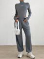 SHEIN EZwear Monogrammed Long-Sleeved Bodysuit And Sweatpants Set