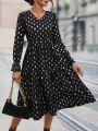 Gold Dot Print Flounce Sleeve Ruffle Hem Dress