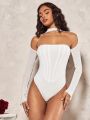 SHEIN BAE Women White Hollow Out Bodycon Bodysuit, Long Sleeve, Charming And Elegant For Valentine's Day Date