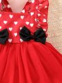 SHEIN 2pcs/Set Infant Girls' Elegant Romantic Lovely Heart Pattern 3d Bowknot Mesh Dress Suitable For Valentine'S Day