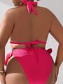 SHEIN Swim Basics Plus Size Women'S Halterneck Lace-Up Swimsuit Suit