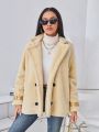 SHEIN Essnce Women's Lapel Collar Long Sleeve Plush Coat With Pointed Hem