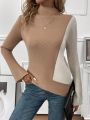 SHEIN LUNE Color Block Stand Collar Asymmetric Hem Sweater