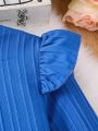SHEIN Kids SUNSHNE Girls' Blue Crossed Wrap Round Collar Dress