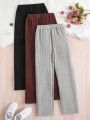 SHEIN Kids SPRTY Big Girls' 3pcs/Set Ribbed Casual College Style Straight-Leg Trousers