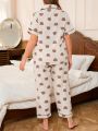 Plus Size Cartoon Printed Color Block Pajamas Set With Contrasting Trim