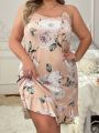 Plus Size Women's Floral Print Spaghetti Strap Nightgown With Ruffle Hem Design