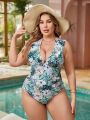 SHEIN Swim Vcay Plus Size Women's Ruffled Tropical Plant Print One-Piece Swimsuit