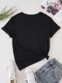 Women's Round Neck Black Printed T-shirt