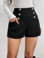 SHEIN Privé Women'S Double-Breasted Button Decorated Black Shorts