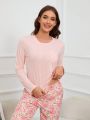 Pocket Front Long Sleeve T-Shirt And Floral Trousers Pajama Set