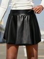 SHEIN Kids Cooltwn Girls' Shiny Street Pu Leather Solid Color A-line Skirt