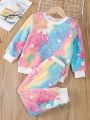 SHEIN Kids QTFun Toddler Girls Tie Dye Unicorn Print Teddy Sweatshirt & Pants