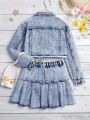 Tween Girl Denim Jacket With Frayed Hem And Pleated Skirt Set