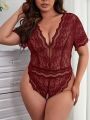 Plus Floral Lace Plunging Neck Teddy Bodysuit