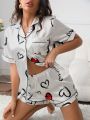 Heart Print Contrast Piping Satin PJ Set