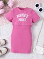 SHEIN Kids HYPEME Toddler Girls' Spring Summer Sleeveless Strap Dress & Short Sleeve T-Shirt With Letter Print