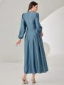 SHEIN Modely Ladies' Solid Color Lantern Sleeve Pleated Dress