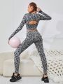 SHEIN Female Teenagers Seamless Leopard Print Back Hollow T-shirt And Pants Two-piece Set