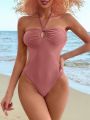 Women'S Halter Neck One-Piece Swimsuit With Front Ruching Detail