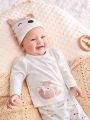 SHEIN 3pcs Baby Girls' Cute Fox Patterned Top, Pants And Hat Set