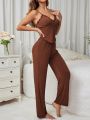 Women's Lettuce Trimmed Cami Top And Long Pants Home Wear Set