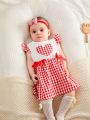 SHEIN Baby Girl'S Cute Casual Heart Pattern Red Plaid Dress For Summer