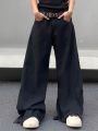 Men's Raw Hem Wide Leg Jeans Without Belt