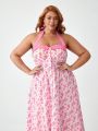 Retro Peaches Floral Print Plus Size Halter Neck Dress For Women