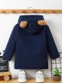 SHEIN Young Boy 3D Ear Design Hooded Fleece Overcoat With Scarf