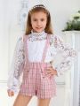 SHEIN Kids FANZEY Tween Girls' Stand Collar Lace Long Sleeve Shirt With Spaghetti Strap Inner Top, 2pcs/Set