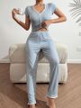 Women'S Lace Patchwork Mesh Short Sleeve Top & Pants Pajama Set