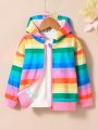 SHEIN Kids SUNSHNE Girls' Casual Colorful Striped Hooded Jacket