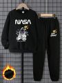 2pcs/set Boys' Cartoon Pattern And Letter Printed College Style Sweatshirt And Pants Set With Fleece Lining