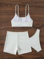 SHEIN Swim Mod Solid Color Ribbed Knit Bikini Swimsuit Set(3pcs)