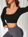 Women's 1 Piece Crop Top Ribbed Seamless Workout Exercise Long Sleeve Crop Tops