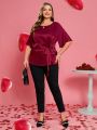 EMERY ROSE Valentine's Day Plus Size Bell Sleeve Knotted And Side-Tied Satin Top