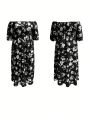 Women's Plus Size Floral Printed Off Shoulder Slit Dress