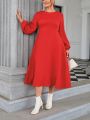 SHEIN Privé Plus Size Women's Elegant Red Round Neck Lantern Sleeve Dress