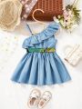SHEIN Baby Girl Casual Vacation Style Asymmetrical Collar Denim-Like Dress With Ruffled Hem And Waist Belt