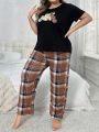 Plus Size Cartoon Printed Short-Sleeved T-Shirt And Plaid Pants Pajamas Set