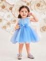 SHEIN Baby Girls' Elegant And Romantic Satin And Mesh Patchwork Sleeveless Dress With Shawl